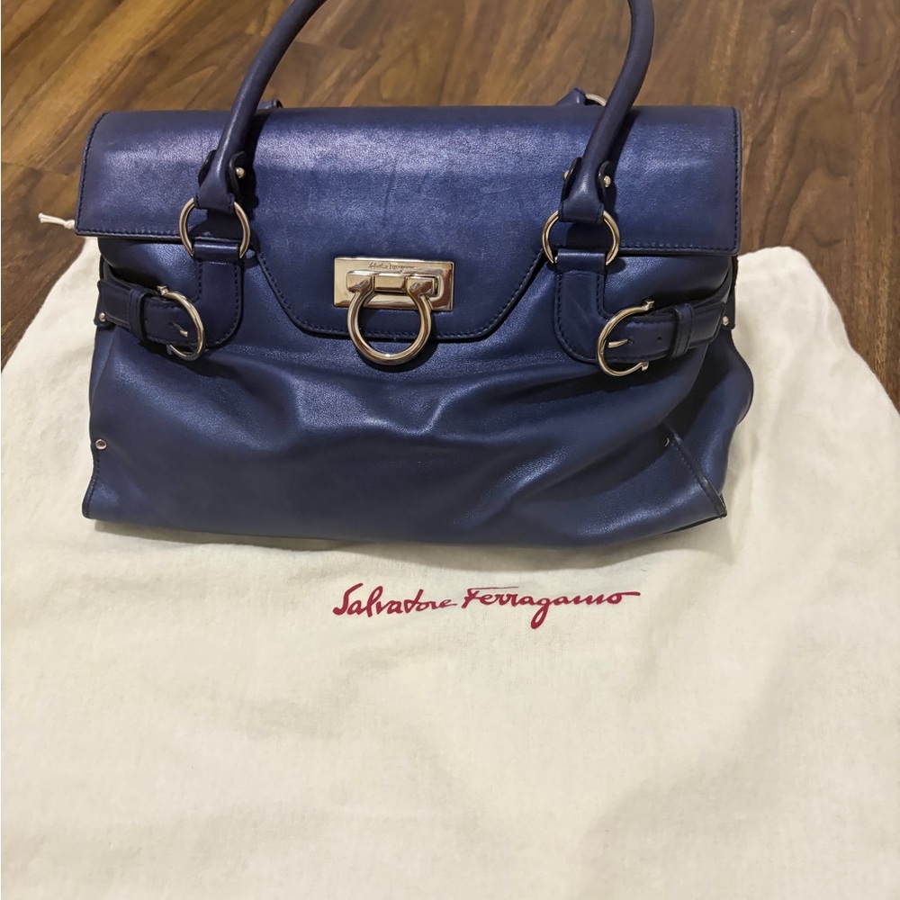 Salvatore Ferragamo Navy Blue Leather Top-Handle Satchel purse tote